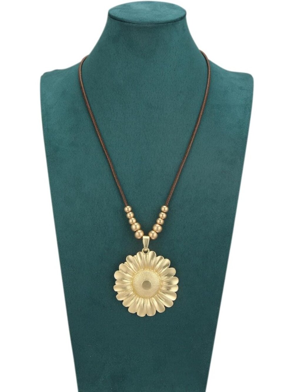Women's Sunflower Pendant Necklace Boho Matte Gold Floral Long Cord Jewelry - Picture 2 of 7